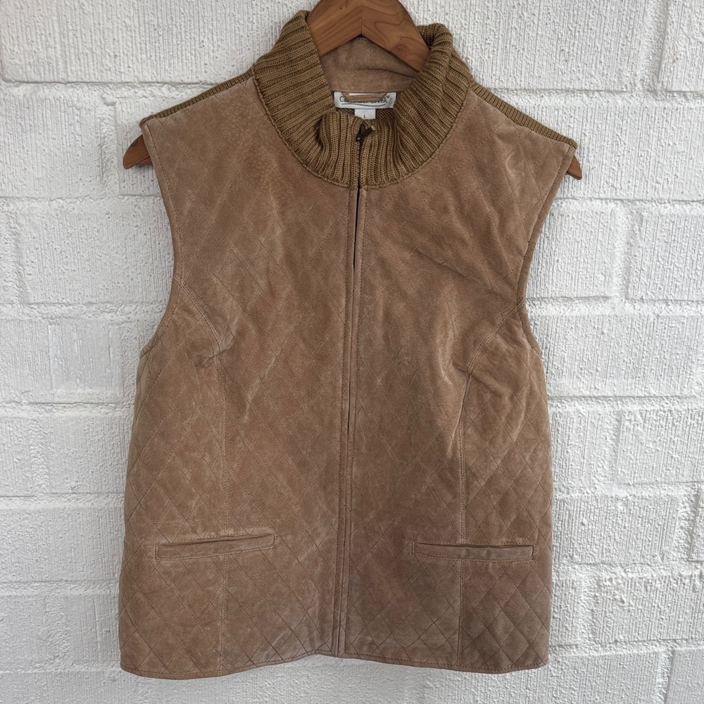 Coldwater Creek Leather Quilted Knit Brown Quilted Women's Vest sz L